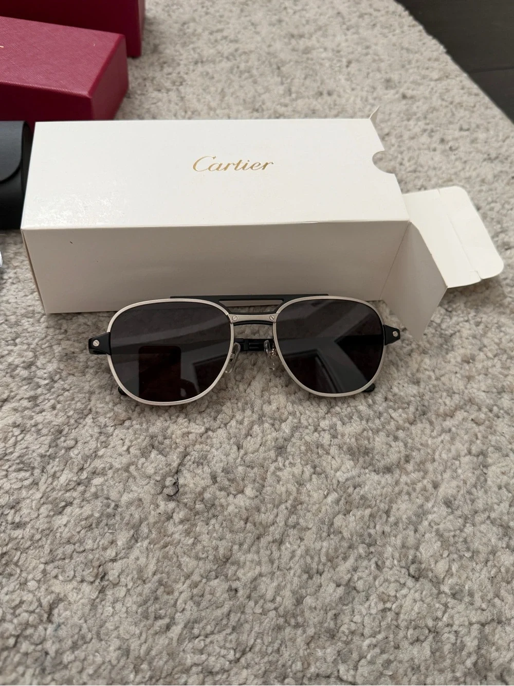 Cartier Black and Silver Santos De Cartier Aviator Sunglasses
